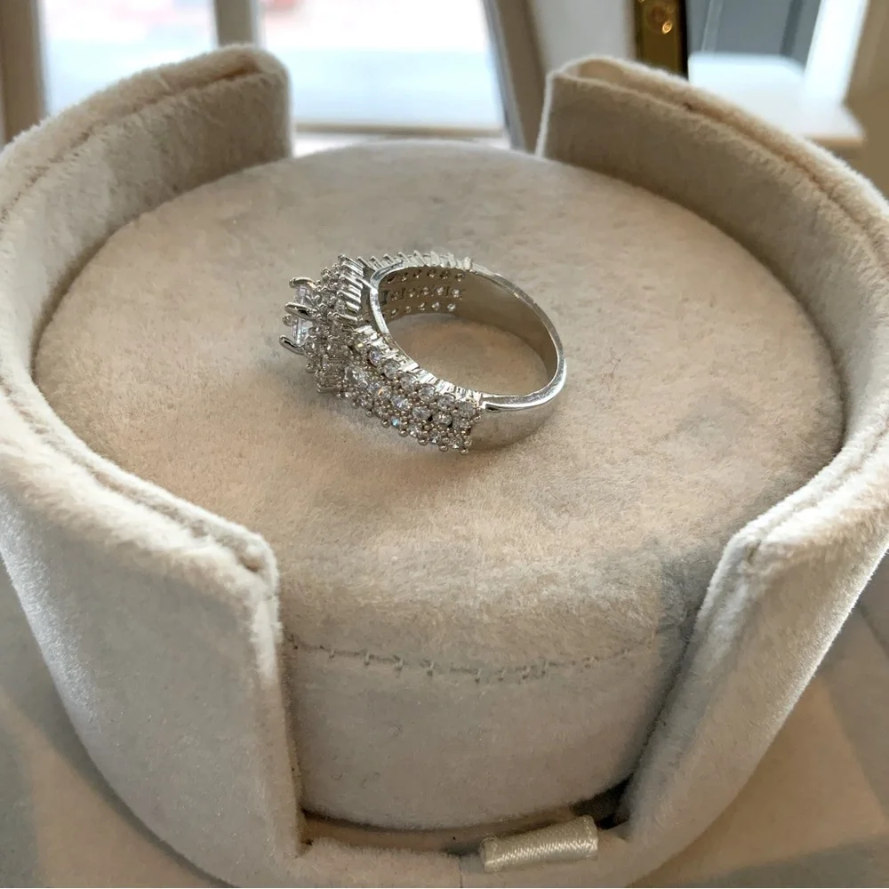 Ring Dome Shape CZ With Double Halo 925 Silver CZ Band Size 6